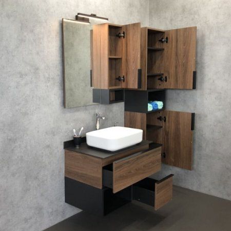 Тумба-умывальник COMFORTY "Штутгарт-75" дуб тёмно-коричневый с черной столешницей c раковиной COMFORTY T-Y9378