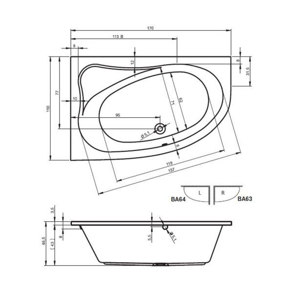 Ванна акриловая Riho Lyra BA6300500000000 170x110 R