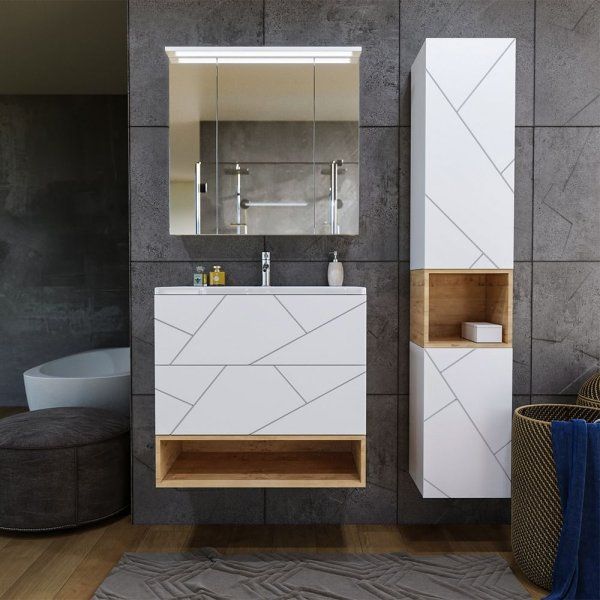 Тумба с раковиной и нишей Бриклаер КРИСТАЛЛ 80B, белый/дуб бунратти