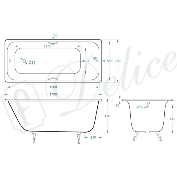 Ванна чугунная Delice Continental Plus DLR230634R 170x70 см, с отверстиями под ручки, белый