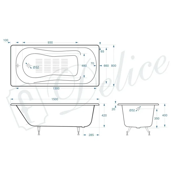 Ванна чугунная Delice Haiti Luxe DLR230636-AS 150x80 см, с антискользящим покрытием, белый