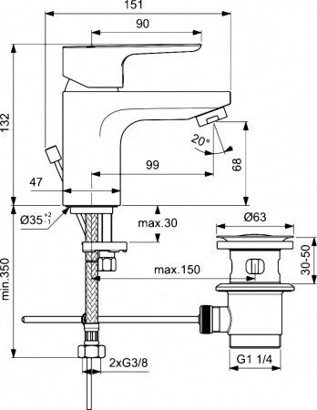 Смеситель для раковины Ideal Standard CERAPLAN III SLIM с металлическим донным клапаном, хром (BC559AA)