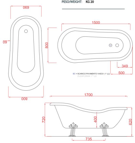 Акриловая ванна ArtCeram Hermitage HEW001 72/L3739 белый глянцевый/бронза