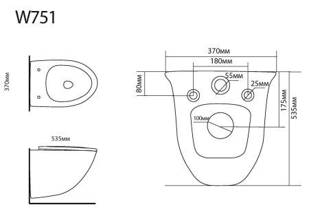 Подвесной унитаз B&W W-751 Rimless / UF seat cover / Fixing screw (530x375x380)