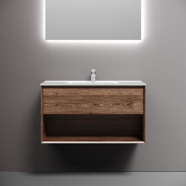 Тумба подвесная SANCOS Marmi 1.0 890х445х520 c одним ящиком оснащенным доводчиками скрытого монтажа и открытой нишей, дуб чарльстон, MR1.090ECH