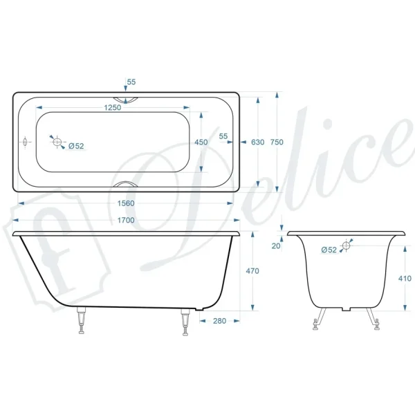 Ванна чугунная Delice Continental Plus DLR230635R 170x75 см, с отверстиями под ручки, белый