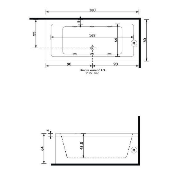 Ванна Gruppo Treesse Quadra V078E+V078F+V078LS 180х80 DX  с гидромассажем, белый