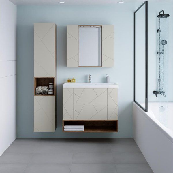 Тумба с раковиной и нишей Бриклаер КРИСТАЛЛ 90L, латте/дуб крафт табачный