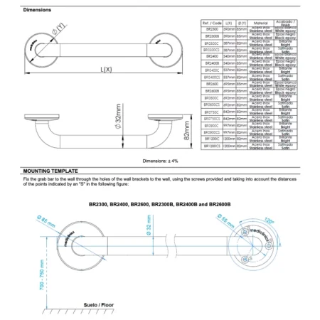 Поручень 120 см Mediclinics BR1200CS, 
Нержавеющая сталь