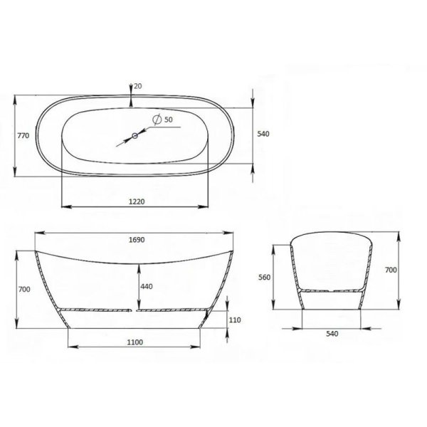 Каменная ванна пристенная Azario Salieri 170 169х77 круглый перелив (AZ-81028)