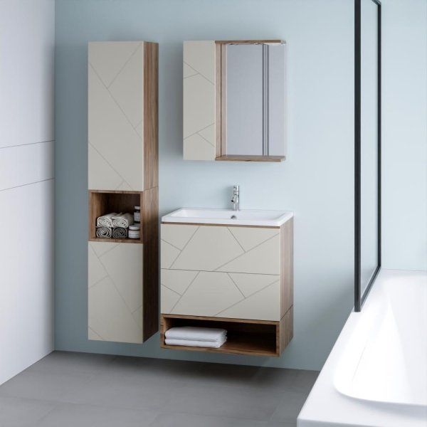 Тумба с раковиной и нишей Бриклаер КРИСТАЛЛ 70L, латте/дуб крафт табачный