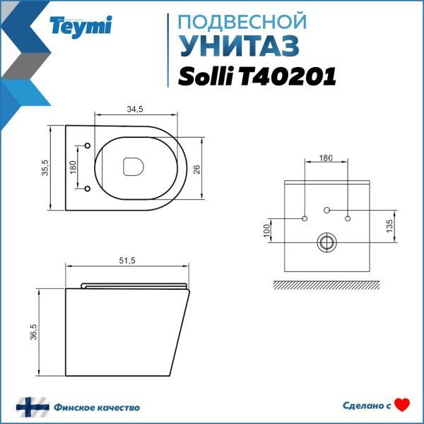Унитаз подвесной Teymi Solli безободковый, сиденье микролифт T40201