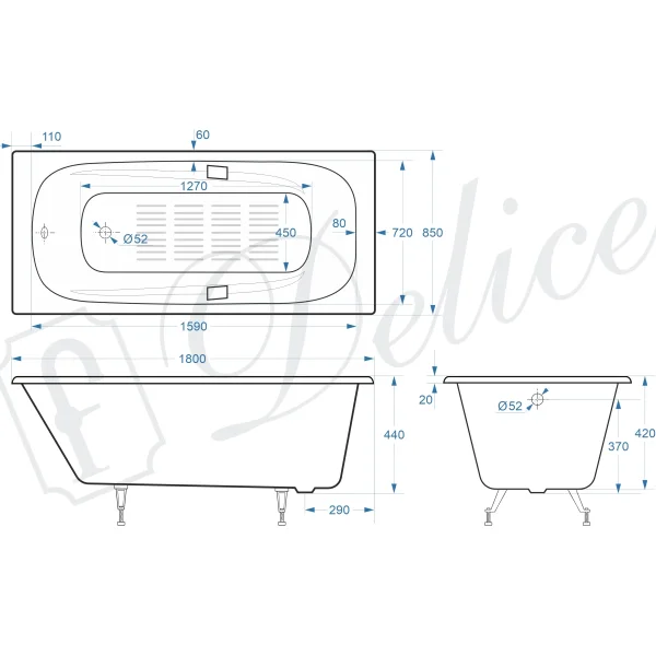 Ванна чугунная Delice Flex DLR230632R-AS 180x85 см, с отверстиями под ручки, антискользящим покрытием, белый