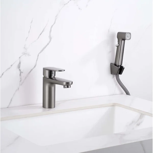 Смеситель для раковины Aquatek Ника AQ1812BGM с гигиеническим душем, без донного клапана, оружейная сталь матовый