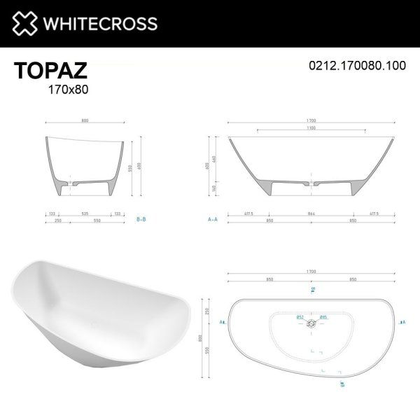 Ванна из искусственного камня Whitecross Topaz 0212.170080.200 170x80 белый матовый