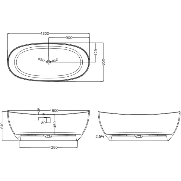 Ванна из литьевого мрамора Abber Stein AS9615-1.8 180x85 см, отдельностоящая, белый матовый