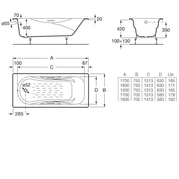 Ванна чугунная Roca Malibu 2334G0000 160х70 см с п/скользящим покрытием и отверстиями для ручек