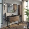 Тумба-умывальник COMFORTY "Равенна Лофт-90" дуб темно-коричневый с раковиной  COMFORTY 90E черная матовая