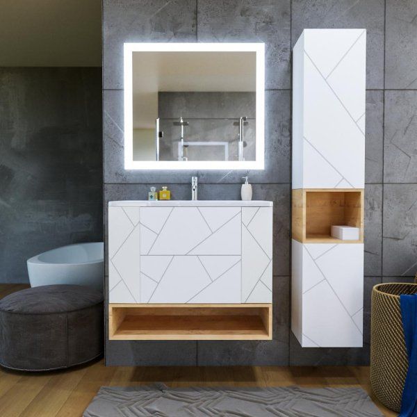 Тумба с раковиной и нишей Бриклаер КРИСТАЛЛ 90B, белый/дуб бунратти