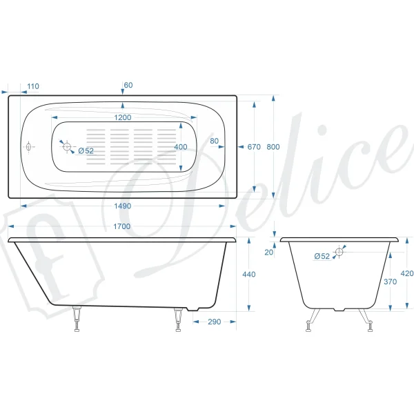 Ванна чугунная Delice Flex DLR230631-AS 170x80 см, с антискользящим покрытием, белый