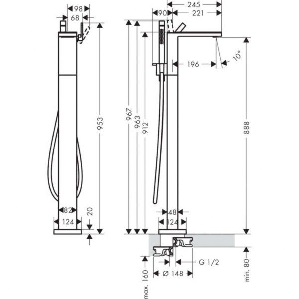 Смеситель Axor AX MyEdition 47440600 для ванны, напольный, хром/черное стекло