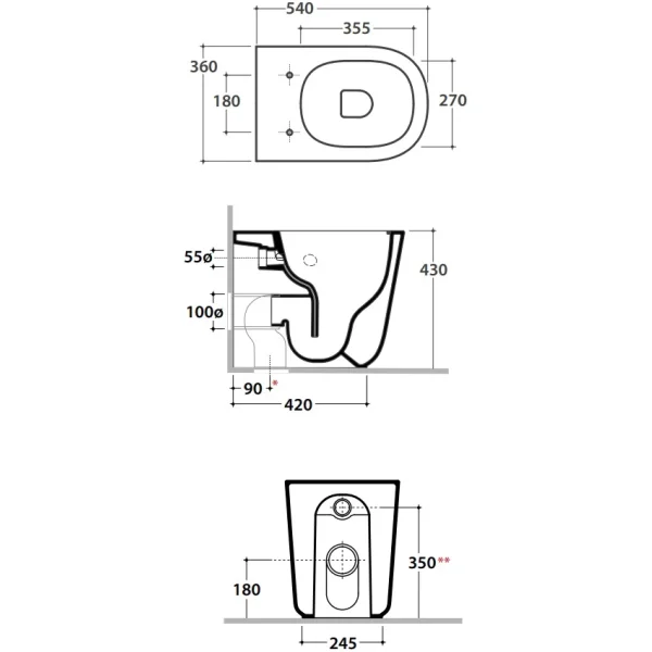 Приставной безободковый унитаз Globo Lalita LT001BI