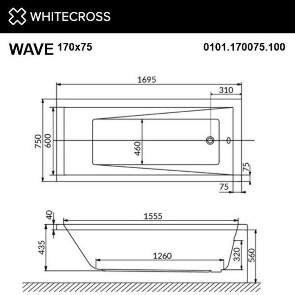 Ванна акриловая Whitecross Wave 0101.170075.100.SOFT.GL 170x75 с гидромассажем SOFT белый/золото