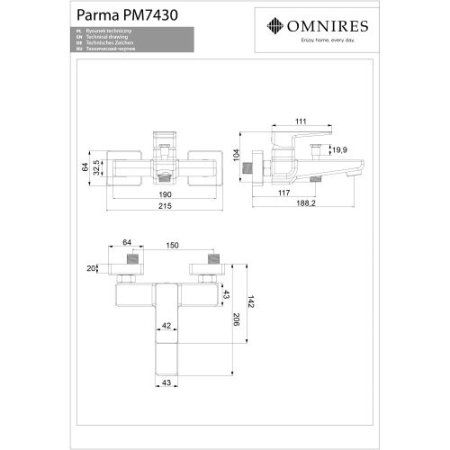 Смеситель Omnires Parma PM7430BL для ванны, черный