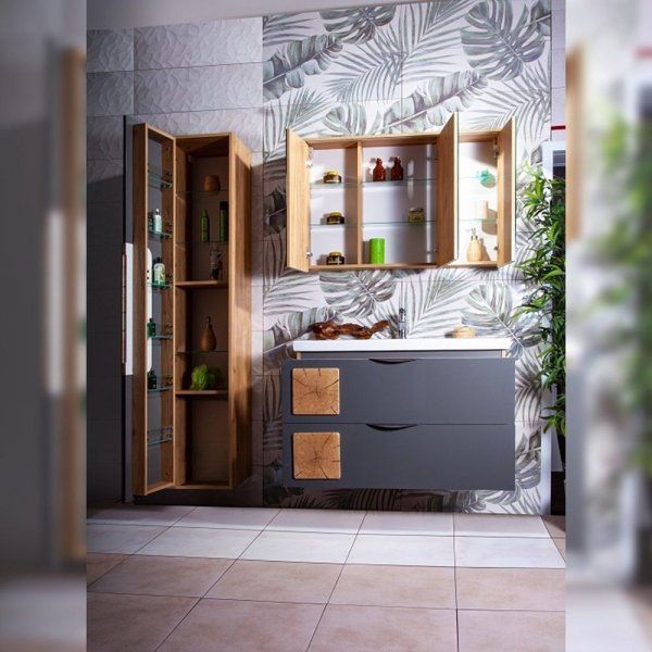 Зеркальный шкаф Бриклаер Форест 100 см, дуб золотой/антрацит