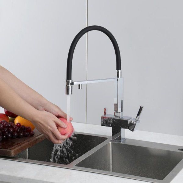 Смеситель для кухонной мойки Gappo G95-50 G4395-50 с подключением фильтра питьевой воды и гибким изливом, оружейная сталь, черный