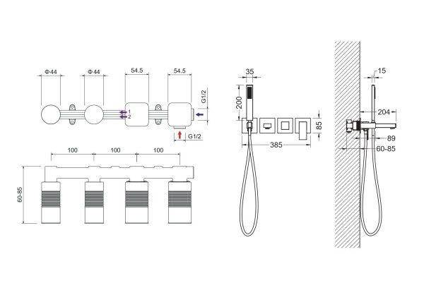 Смеситель для ванны встроенный (внешняя и скрытая часть) Aquatek ЛИБРА AQ1644MB, черный матовый