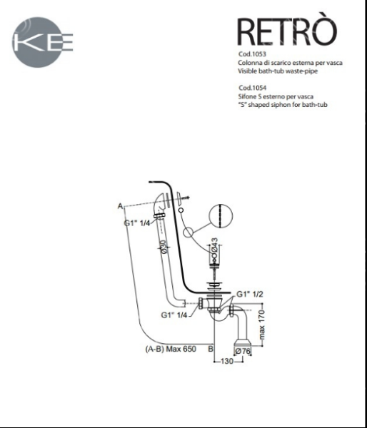 Ванна Kerasan Retro 105590 bi/cr 170х77 белая, ножки хром