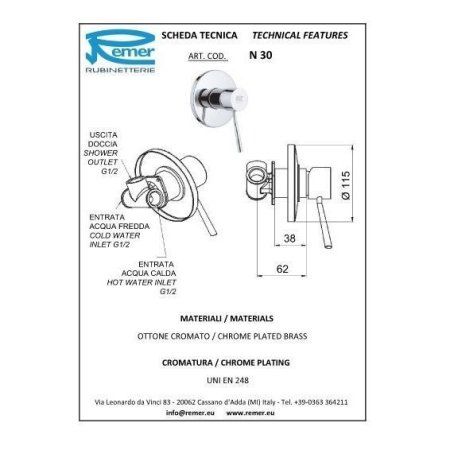 Смеситель Remer Minimal N30 для душа, хром