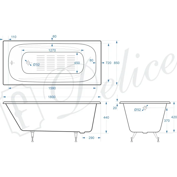 Ванна чугунная Delice Flex DLR230632-AS 180x85 см, с антискользящим покрытием, белый