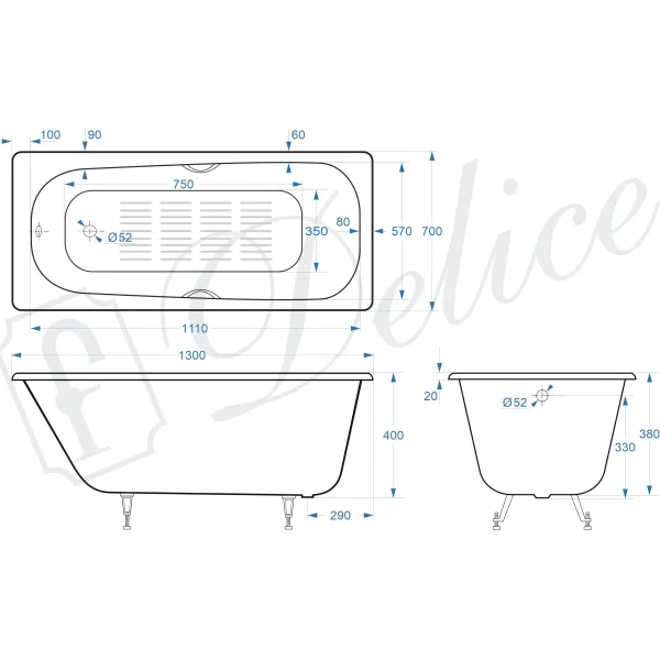 Ванна чугунная Delice Continental DLR230641R-AS 130x70 см, с отверстиями под ручки, антискользящим покрытием, белый