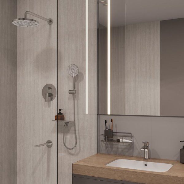 Комплект смесителей 2 в 1: Душевая система с изливом и смеситель для умывальника, глянцевый хром, Rora, Milardo, ROR0001M70