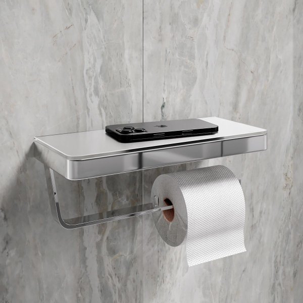 Двойной держатель для туалетной бумаги Lemark GLASS LINE с полкой, хром/белое стекло (9721040)