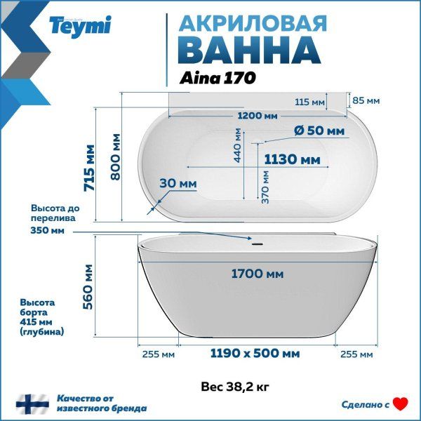 Ванна акриловая пристенная Teymi Aina 170x80x56, синяя матовая T130120