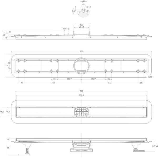 Душевой трап (лоток) BelBagno Luce BB-LD-LUCE-80-CR 73,96 см, с решеткой, 2 в 1 под плитку, хром