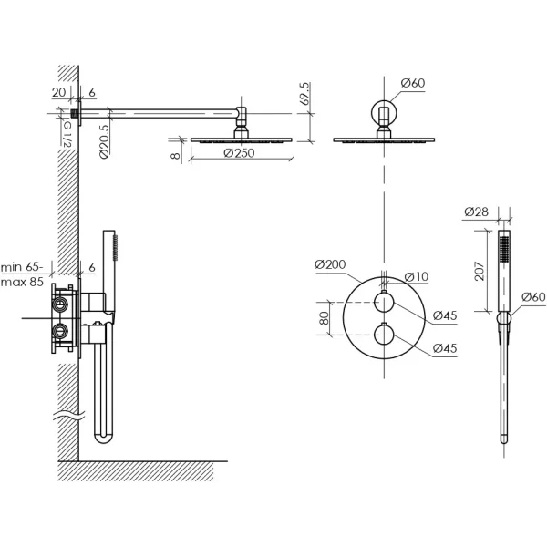 Душевой комплект Sancos Etna SC9010BN 250 мм, с термостатом, никель