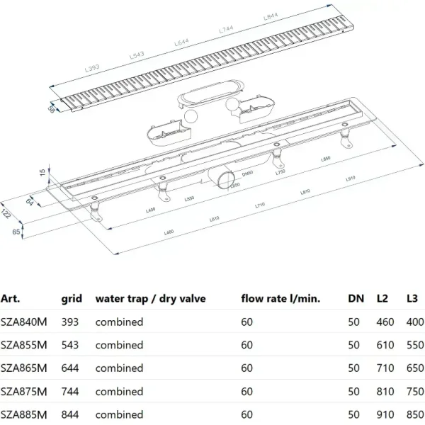 Душевой трап (лоток) PlastBrno Design 2 SZA865M 64,4 см, с решеткой, перфорированный, оружейная сталь матовый