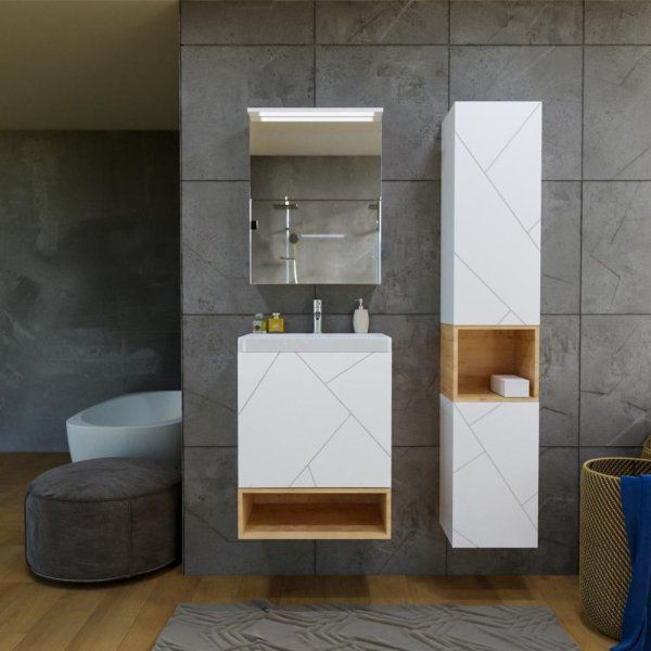 Тумба с раковиной и нишей Бриклаер КРИСТАЛЛ 50B, белый/дуб бунратти