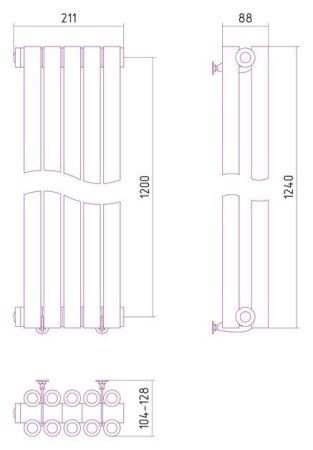 Дизайн-радиатор Сунержа Эстет 1200х211 хром (5 секций) водяной