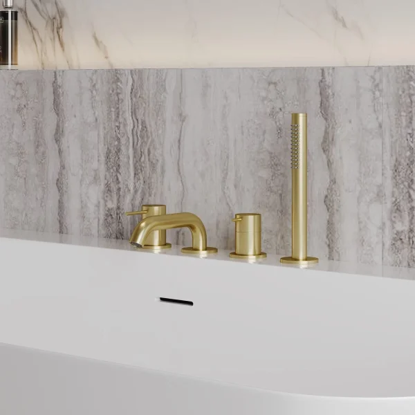 Смеситель на борт ванны AQUAme Siena AQM6219BG с душевым гарнитуром, золотой матовый