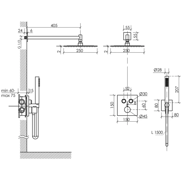 Душевой комплект Sancos Linn SC9022BN 250 мм, с термостатом, никель
