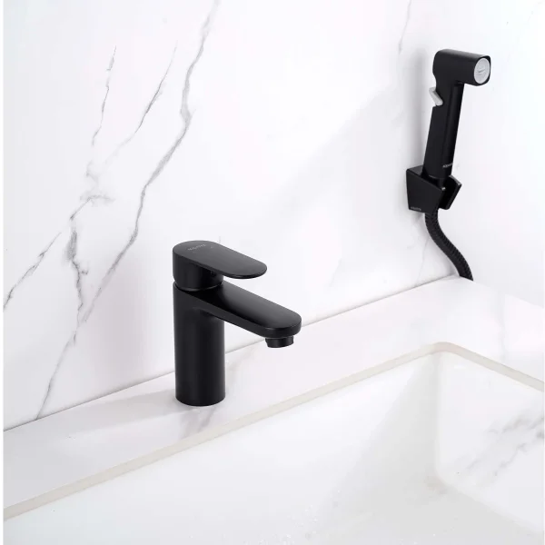 Смеситель для раковины Aquatek Ника AQ1812MB с гигиеническим душем, без донного клапана, черный матовый