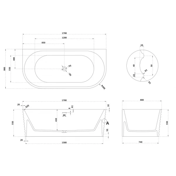 Ванна из литьевого мрамора Abber Stein AS9652 170x80 см, белый матовый