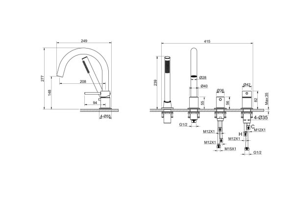 AQ1348BG ЕВРОПА смеситель на борт ванны на 4 отв., шлиф. золото