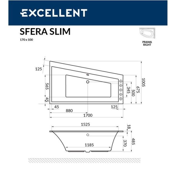 Акриловая ванна Excellent Sfera WAEX.SFP17S.ULTRA.GL 170x100 R с гидромассажем, белый/золото