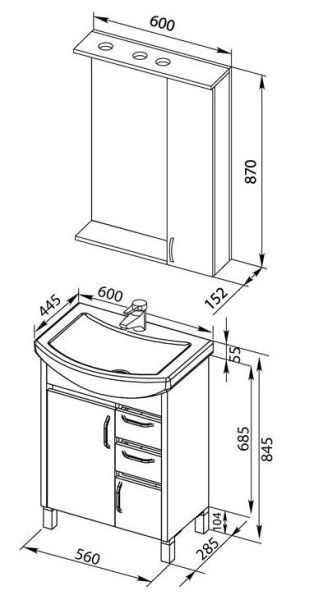 Тумба под раковину Aquanet Донна 00176070 60, 3 ящика, светлый дуб